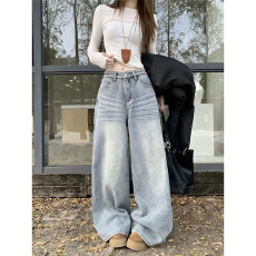 批发实体档口冬装气质时髦浅蓝色牛仔长<b class='q'>裤</b>好看渐变设计感拖地<b class='q'>裤</b>子女