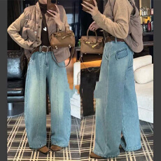 批发实体档口冬季加厚加绒弯刀竖纹设计感牛仔长<b class='q'>裤</b>休闲复古穿搭<b class='q'>裤</b>子女