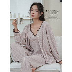 批发实力工厂简约条纹舒适室内家居服三件套打底吊带外套宽松<b class='q'>长裤</b>套装