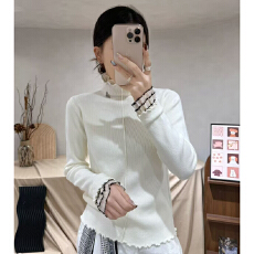 批发实力工厂韩式高领毛边拼接针织衫女秋冬百搭宽松慵懒感打底衫上衣