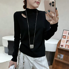 批发实力工厂洋气镂空半高领长袖毛衣女秋冬设计感针织内搭打底衫上衣