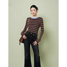 批发实力工厂美式复古撞色条纹时髦气质圆领针织T恤舒适穿搭显瘦上衣