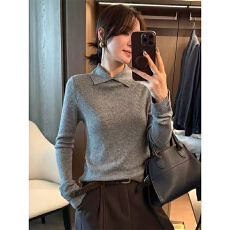 批发实力工厂新款竖条纹路设计感针织翻领T恤复古洋气百搭长袖上衣女