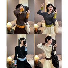 批发实力工厂新款显气质纹路拼接色斜翻领针织T恤修身时尚舒适上衣女