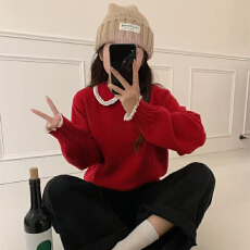 批发实力工厂新款少女甜美风青春翻领套头针织T恤慵懒休闲百搭上衣女