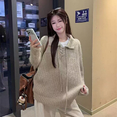 批发实力工厂新款韩系松弛感系带翻领设计针织衫日常休闲宽松长袖上衣