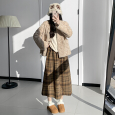 批发实力工厂港风时尚<b class='q'>复古</b>风撞色条纹纽扣松紧半身长裙宽松好看裙子女