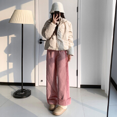 批发实力工厂新款拼接纹路设计感可卷边直筒长裤加绒加厚保暖休闲裤子