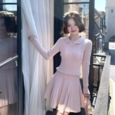 批发实体档口超甜千金少女翻领修身上衣<b class='q'>T</b><b class='q'>恤</b>百褶设计感半身短裙套装女