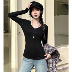 批发实力工厂新款舒适极简风<b class='q'>时尚</b>V领打底衫纯色穿搭修身气质长袖上衣