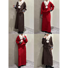 批发实体档口爆款高级感毛领宽松毛衣直筒宽松半身长裙两件套套装女款