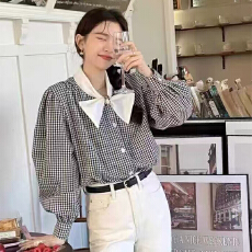 批发实体档口韩版小甜心少女青春减龄立领纽扣衬衫格子设计舒适上衣女