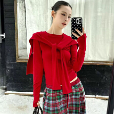 批发实体档口新款盐系巨好看设计感披肩针织<b class='q'>T</b><b class='q'>恤</b>修身高级明媚长袖上衣