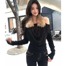 批发实体档口新款气质毛领挂脖设计感<b class='q'>T</b><b class='q'>恤</b>打底淑女收腰显瘦长袖上衣女