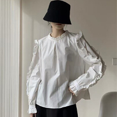 批发实体档口中性风立领木耳边设计感小众衬衫宽松优雅气质长袖<b class='q'>上衣</b>女