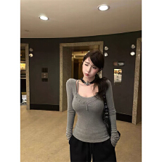 批发实体档口超绝气质假两件U领针织<b class='q'>T</b><b class='q'>恤</b>收腰显瘦时尚穿搭长袖上衣女款