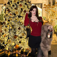 批发实体档口辣妹纯欲小心机网纱设计交叉绑带<b class='q'>T</b><b class='q'>恤</b>戴胸垫修身长袖上衣