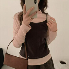 批发实体档口韩系新款甜美青春纯色半高领打底衫搭配可叠穿吊带套装女