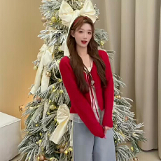 批发实体档口新款叠穿慵懒高级系带毛衣针织花边修身吊带两件套套装女