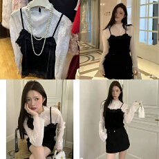 批发实体档口好看法式蕾丝长袖打底衫可叠穿修身显瘦吊带两件套套装女