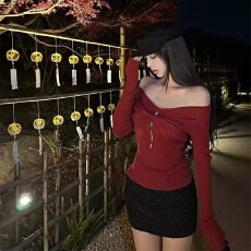 批发实体档口氛围感宴会逛街必备穿搭一字领针织T恤<b class='q'>显瘦</b>绝美长袖上衣