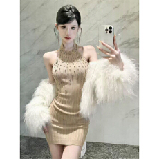 实体档口巨美千金公主风重工镶钻挂脖连衣裙修身显瘦名媛外穿裙子