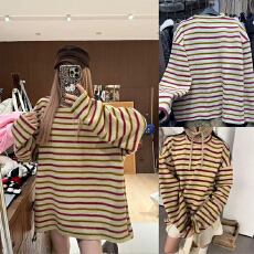 批发实体档口韩版街头时尚圆领条纹撞色卫衣毛绒感<b class='q'>宽松</b>内搭长袖上衣女