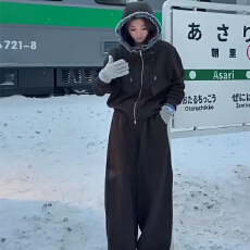批发实体档口秋冬韩版舒适休闲拉链连帽卫衣高级感阔脚<b class='q'>长裤</b>两件套套装