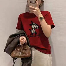 批发实体档口抽象动物图案设计小众圆领短袖T恤时尚百搭宽松<b class='q'>上衣</b>女款