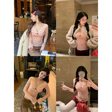 批发实体档口新款清纯甜辣妹风深V领T恤爱心印花拼蕾丝修身长袖<b class='q'>上衣</b>女