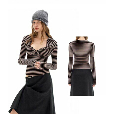 批发实体档口美式条纹撞色<b class='q'>个性</b>裹胸式纯欲<b class='q'>T</b><b class='q'>恤</b>修身复古辣妹风长袖上衣