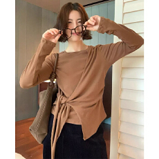 批发实体档口<b class='q'>时尚</b>独特随性不规则绑带设计感圆领T恤修身纯色长袖上衣