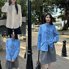 批发实体档口新款中性<b class='q'>职业</b>通勤风圆领开衫衬衣宽松日常穿搭长袖上衣女