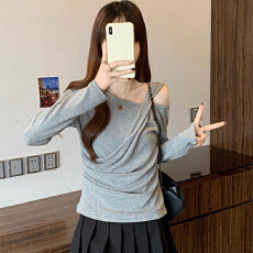批发实力工厂斜肩设计感超火熟女风打底衫<b class='q'>户外</b>聚会<b class='q'>气质</b>时尚长袖上衣女