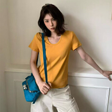 批发实体档口正肩黄色<b class='q'>t</b><b class='q'>恤</b>女短袖夏季纯欲风百搭修身显瘦短款辣妹上衣