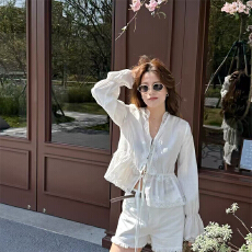 批发实体档口大码韩式甜美风蕾丝拼接系带<b class='q'>长袖</b>上衣女荷叶边设计感<b class='q'>小衫</b>