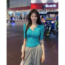 批发实体档口蓝色亨利领<b class='q'>中袖</b>t恤女夏季法式收腰修身显瘦纯欲辣妹<b class='q'>上衣</b>