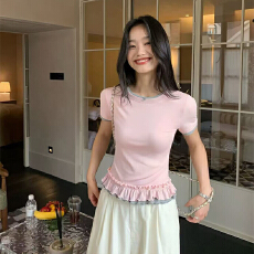 实体档口甜美下摆蕾丝拼接短袖正肩t恤女夏季修身收腰设计感上衣