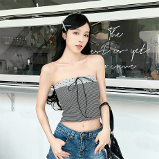 批发实力工厂韩版时尚辣妹复古条纹抹胸带胸垫绑带修身短款<b class='q'>通勤</b>上衣