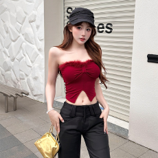 批发实力工厂毛绒一字围美背性感抹胸夏季修身内搭设计感无袖外穿辣妹