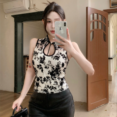 批发实力工厂新中式国风刺绣立领挂脖背心夏季辣妹短款修身镂空美背