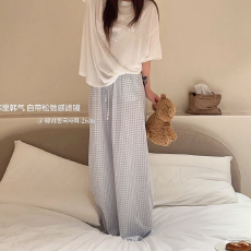 批发实力工厂韩系全棉双层纱格子悠闲睡裤女春夏舒适休闲宽松百搭长裤