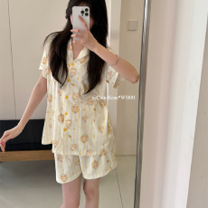 批发实力<b class='q'>工厂</b>冰丝棉家居服套装女夏季新款宽松翻领短袖短裤居家睡衣薄