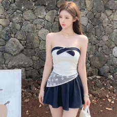 批发实力工厂韩系少女风撞色<b class='q'>蕾丝</b>边抹胸<b class='q'>牛仔</b>绣花丝巾美背百搭修身上衣