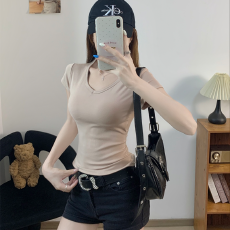 批发实力工厂美式辣妹字母印花正肩短袖<b class='q'>T</b><b class='q'>恤</b>女夏季新款修身收腰上衣