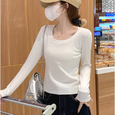 批发实力工厂早秋长袖t恤女U领修身正肩纯色上衣冬季基础款内搭打底衫