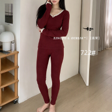 批发实力工厂暖肤蝴蝶结打底套装V领蕾丝花边修身美体保暖秋衣秋裤