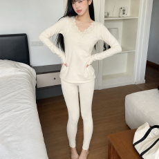 实力工厂新款秋冬超软肌底衣大V领蕾丝舒适轻薄保暖养肤套装打底