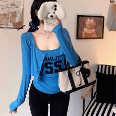 批发实力工厂辣妹美式字母印花吊带修身长袖开衫女<b class='q'>春</b>复古短款两件套