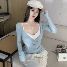 批发实力工厂纯欲风性感套装女v领长袖T恤春季<b class='q'>吊带</b><b class='q'>背心</b>叠穿上衣两件